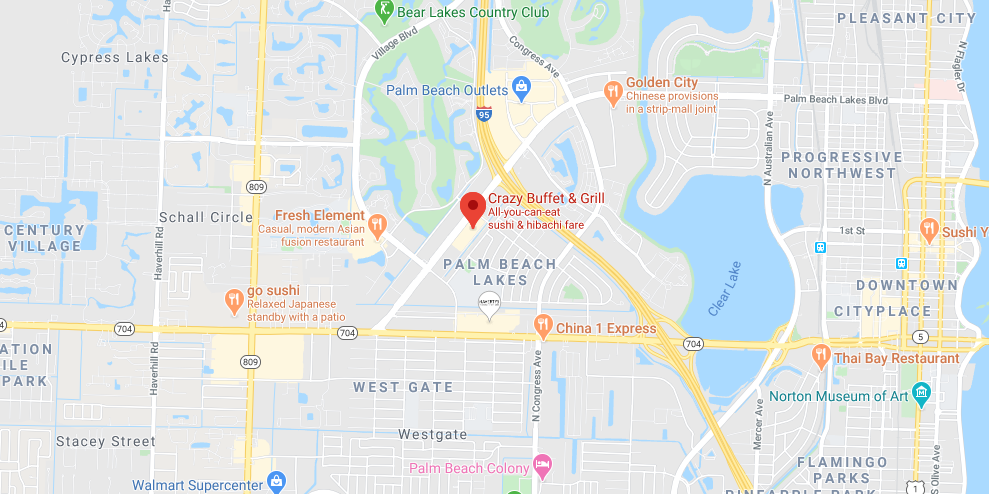 Google Map showing Crazy Buffet & Grill at 2030 Palm Beach Lakes Blvd, West Palm Beach, FL